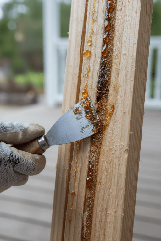 удаление смолы скребком с поверхности доски